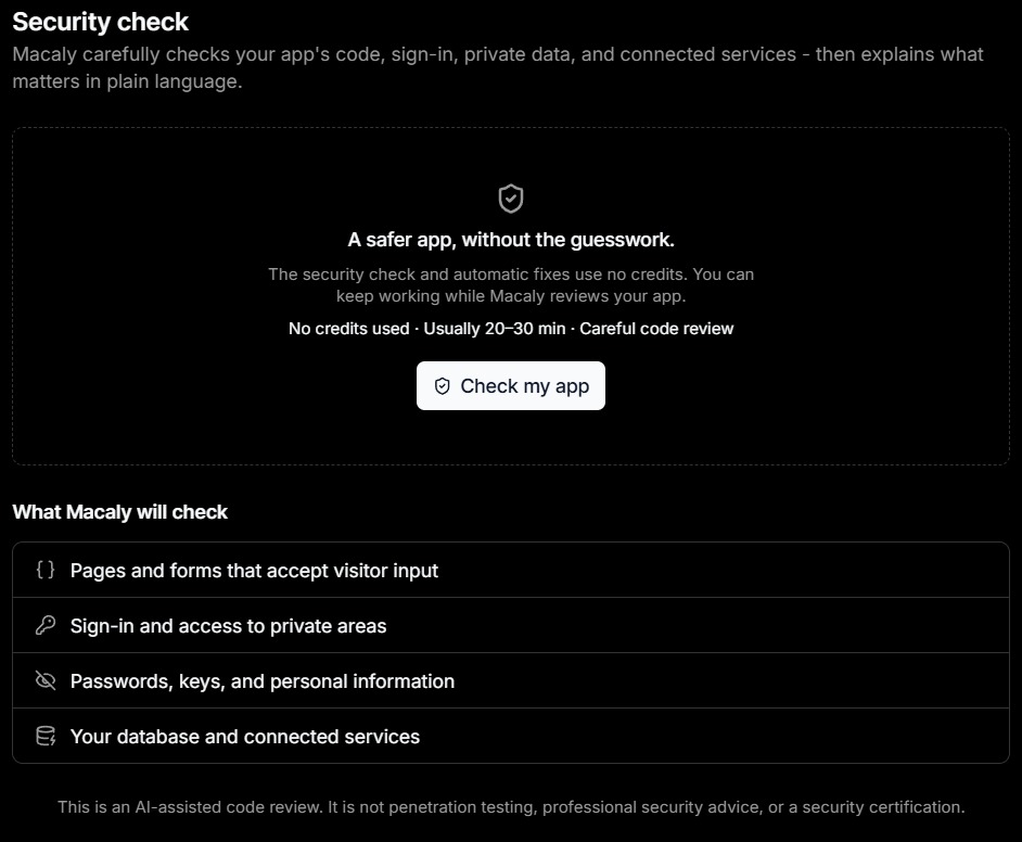 Macaly AI security check screen listing checks for visitor input, private areas, sensitive information and connected services.