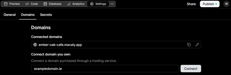 Domains settings page showing a connected Macaly.app domain and a field for connecting a custom domain.