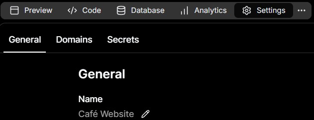 Settings and General showing the Macaly AI project name Cafe Website.