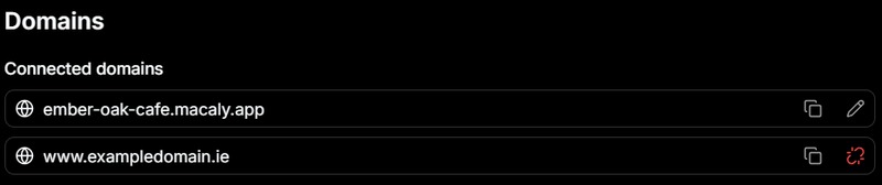 Connected domains list showing the Macaly.app URL and an added custom domain.