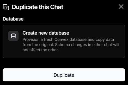 Duplicate this Chat window with an option to create a new database and a Duplicate button.