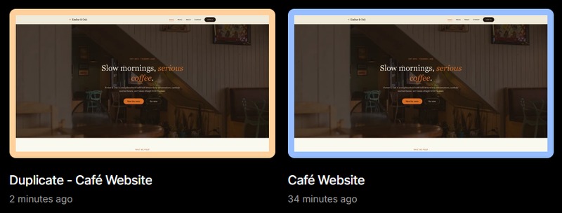 Macaly AI home screen showing the original Cafe Website project and a duplicate copy.