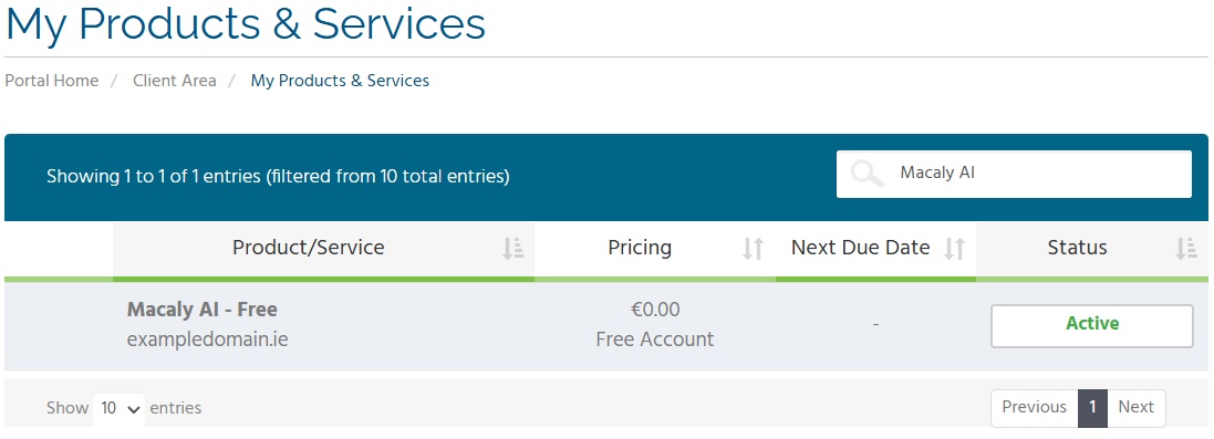 LetsHost My Products and Services page showing an active Macaly AI service.