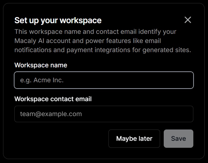 Macaly workspace setup window with fields for the workspace name and contact email.