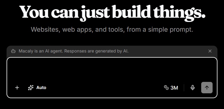 Macaly AI home screen with the main prompt box ready for a new project.