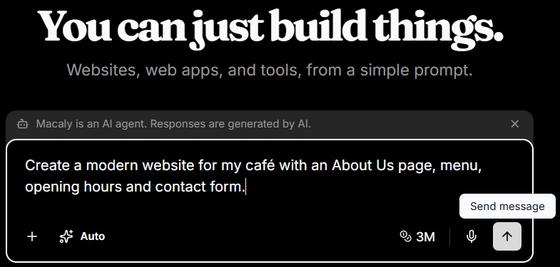Macaly AI prompt box containing an example request to create a cafe website.