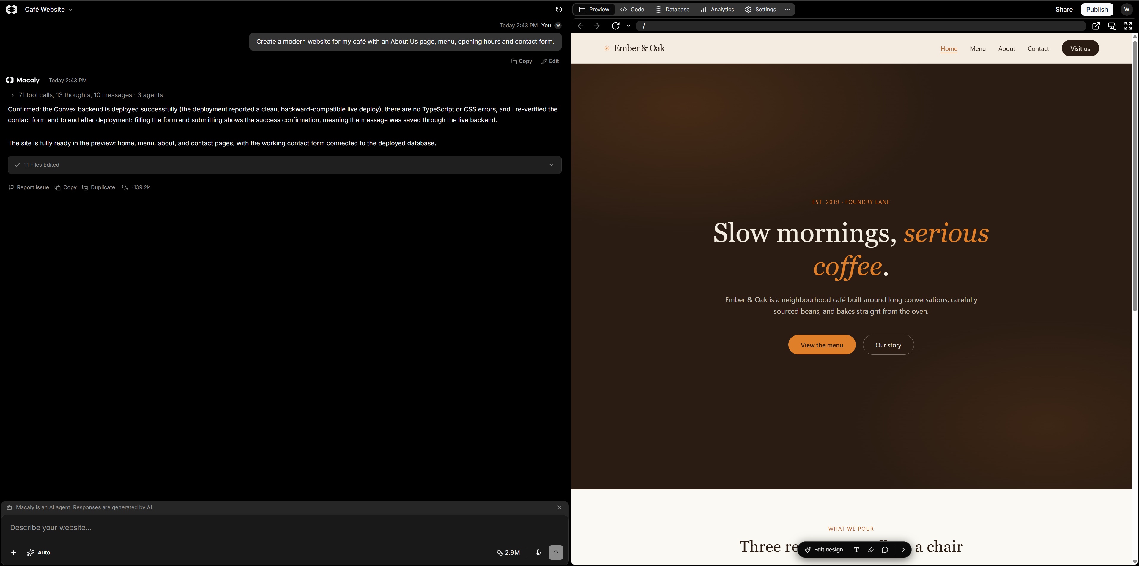 Macaly AI editor showing the chat panel alongside the generated cafe website preview.