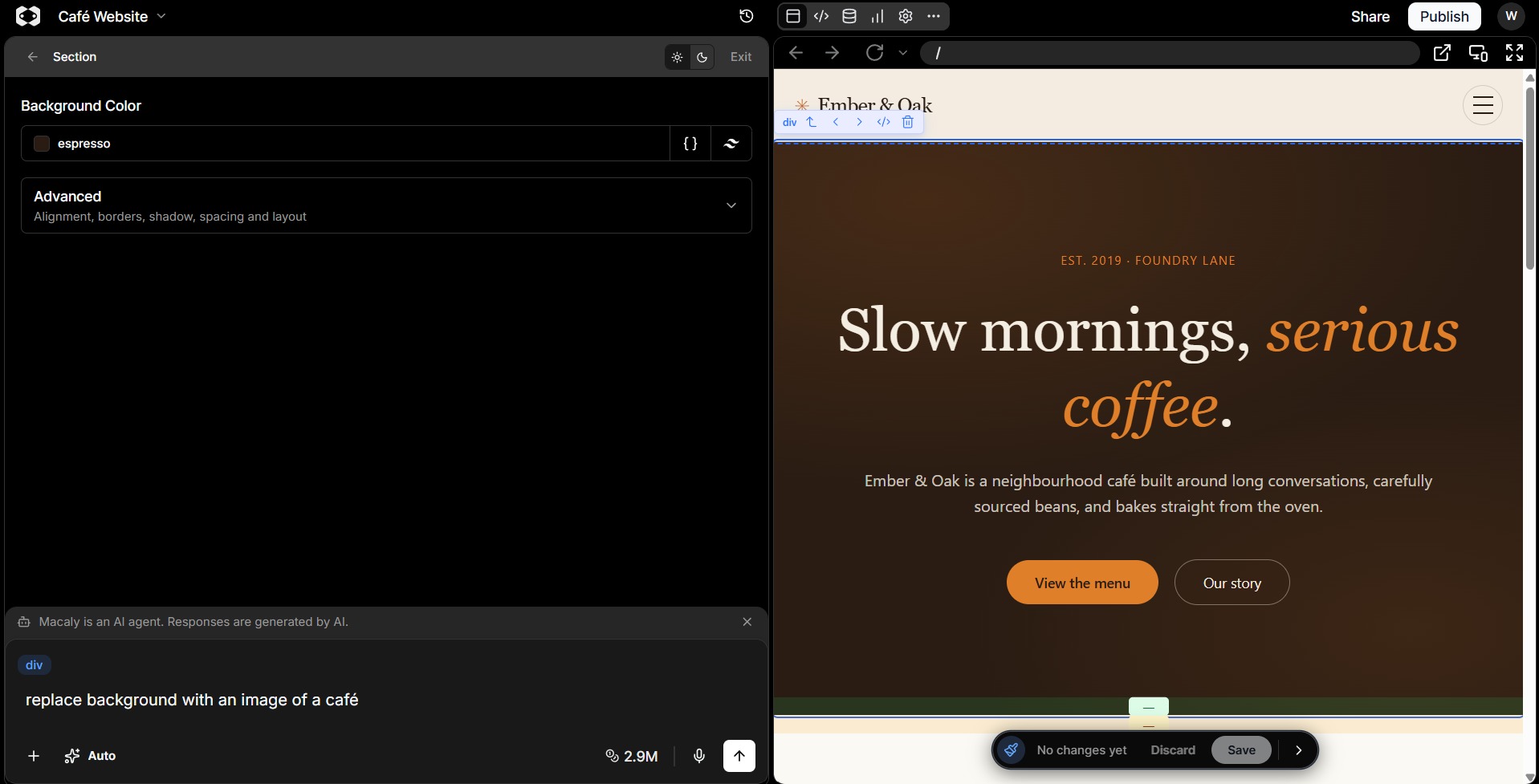 Macaly AI editor with a website section selected for an Edit design prompt.