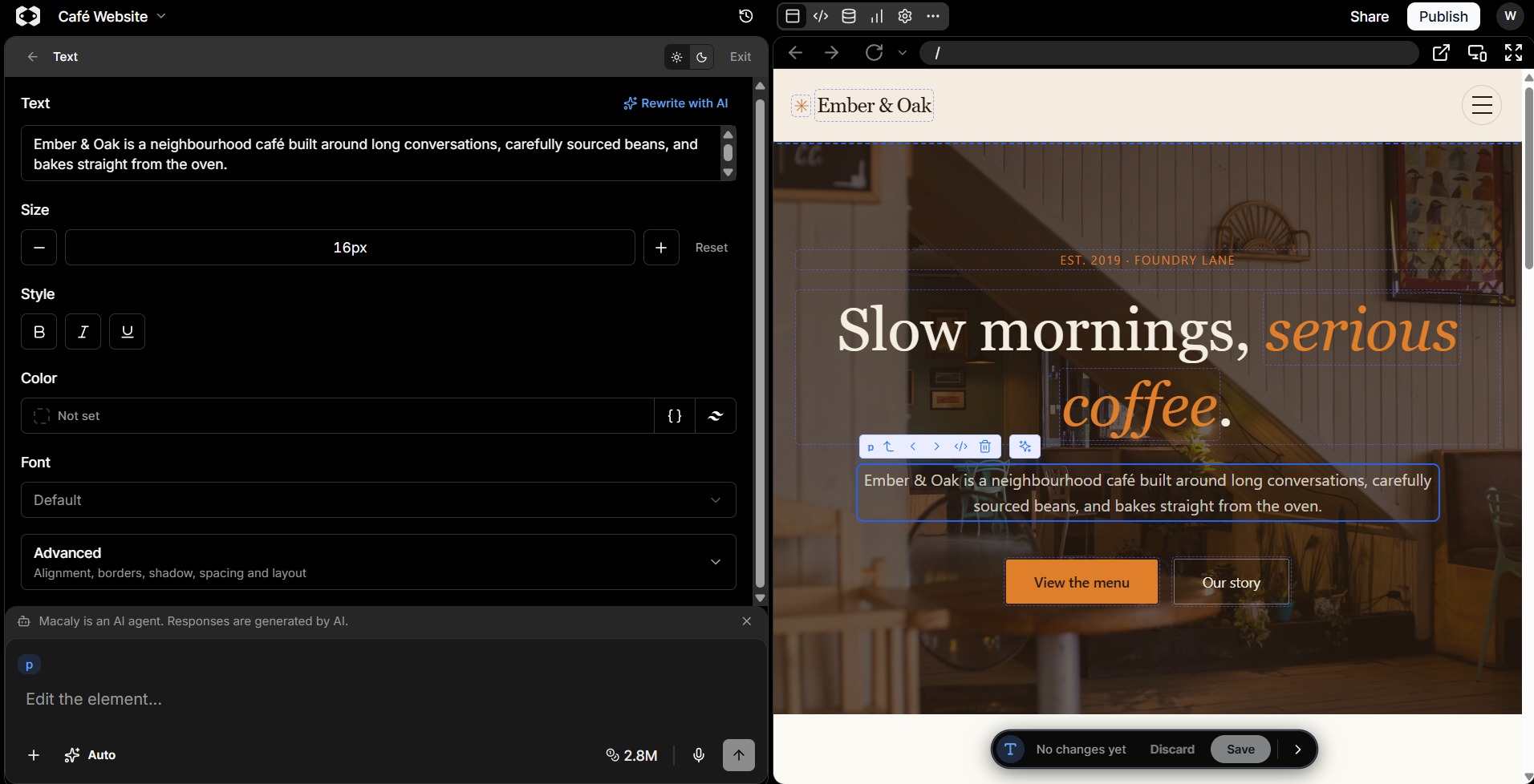 Macaly AI editor with a text element selected and text editing options open.