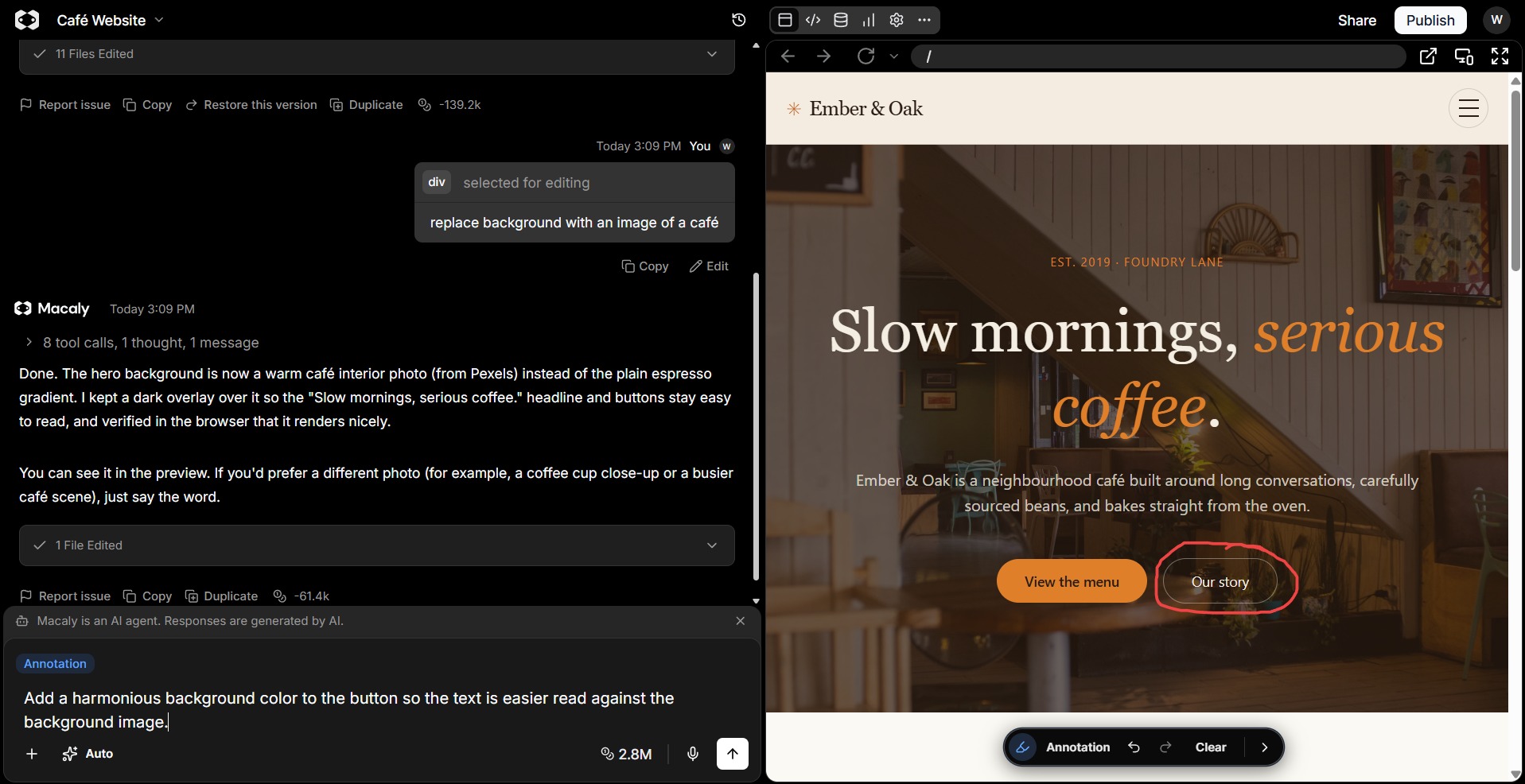 Macaly AI editor with an annotation circle around a button and a related prompt.