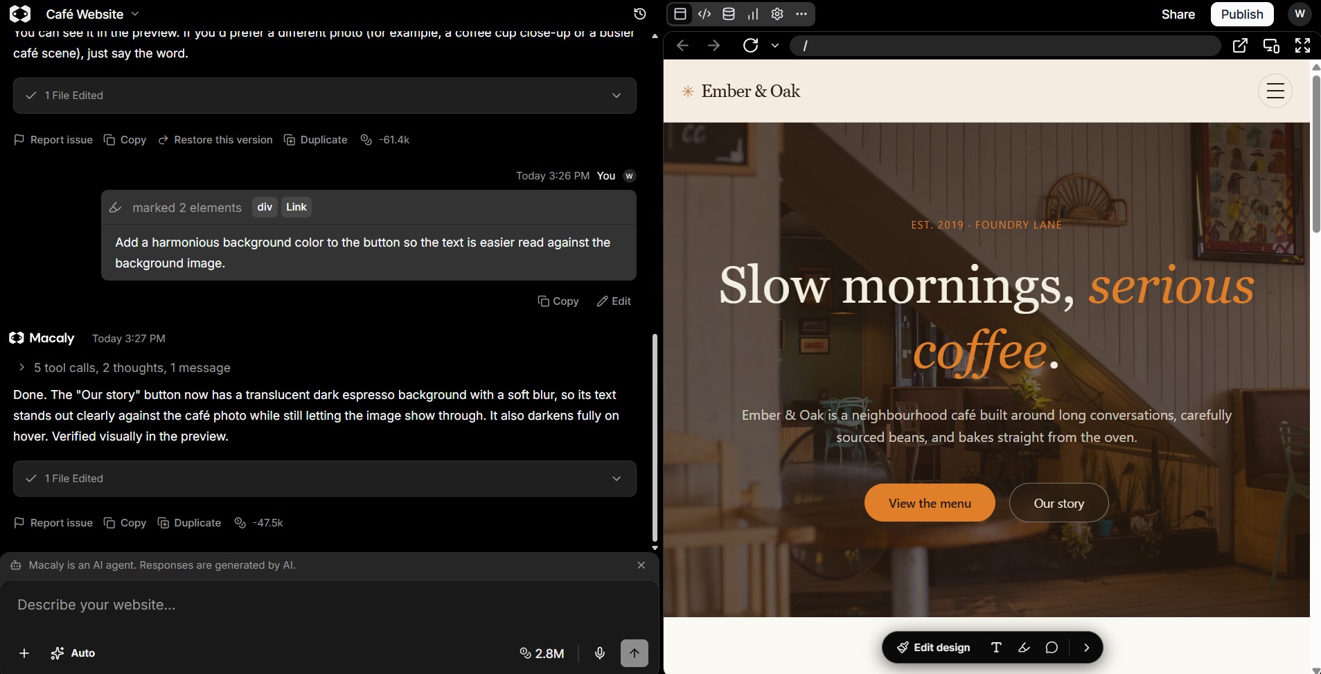Macaly AI editor showing the updated button after the annotation-based change.