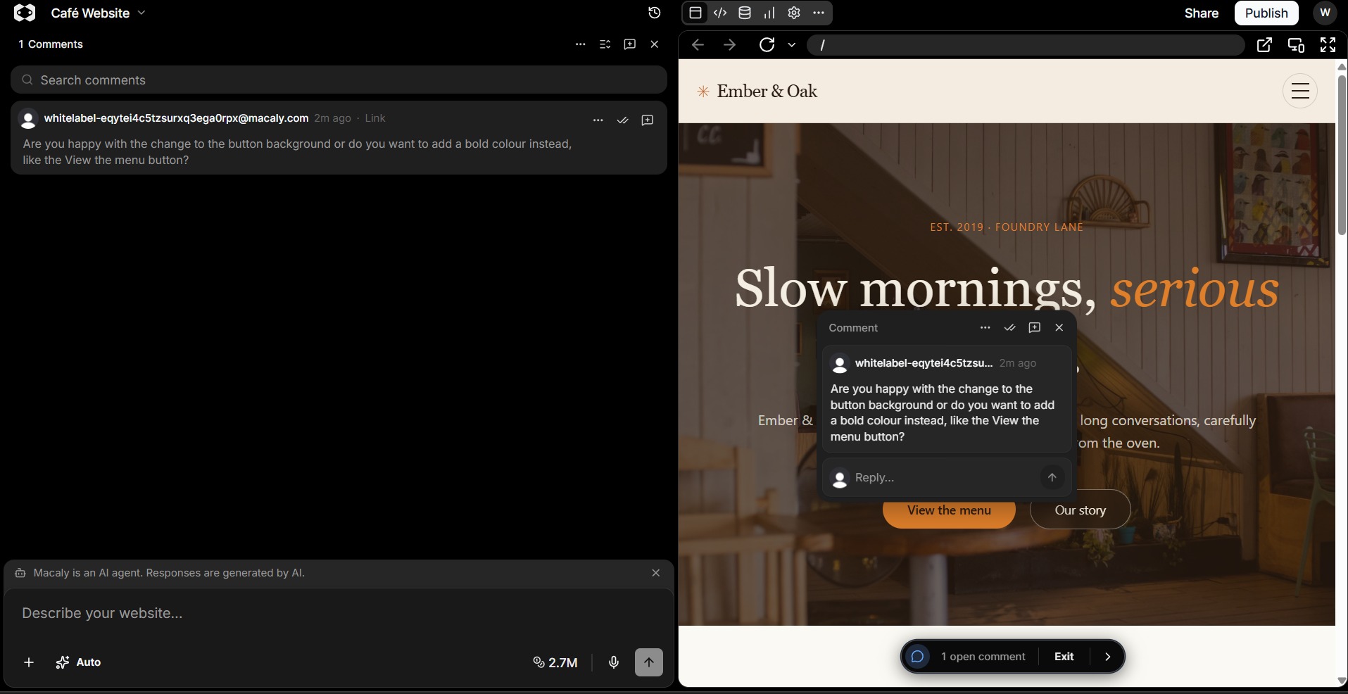 Macaly AI editor with a page comment open over the website preview.