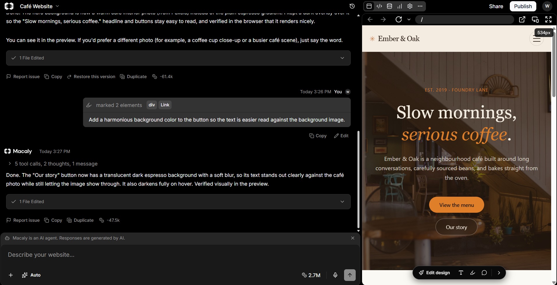 Macaly AI editor in responsive preview mode with a narrow website preview.
