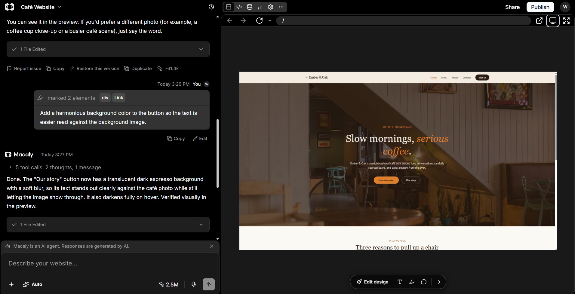 Macaly AI editor in desktop preview mode with a wide website preview.