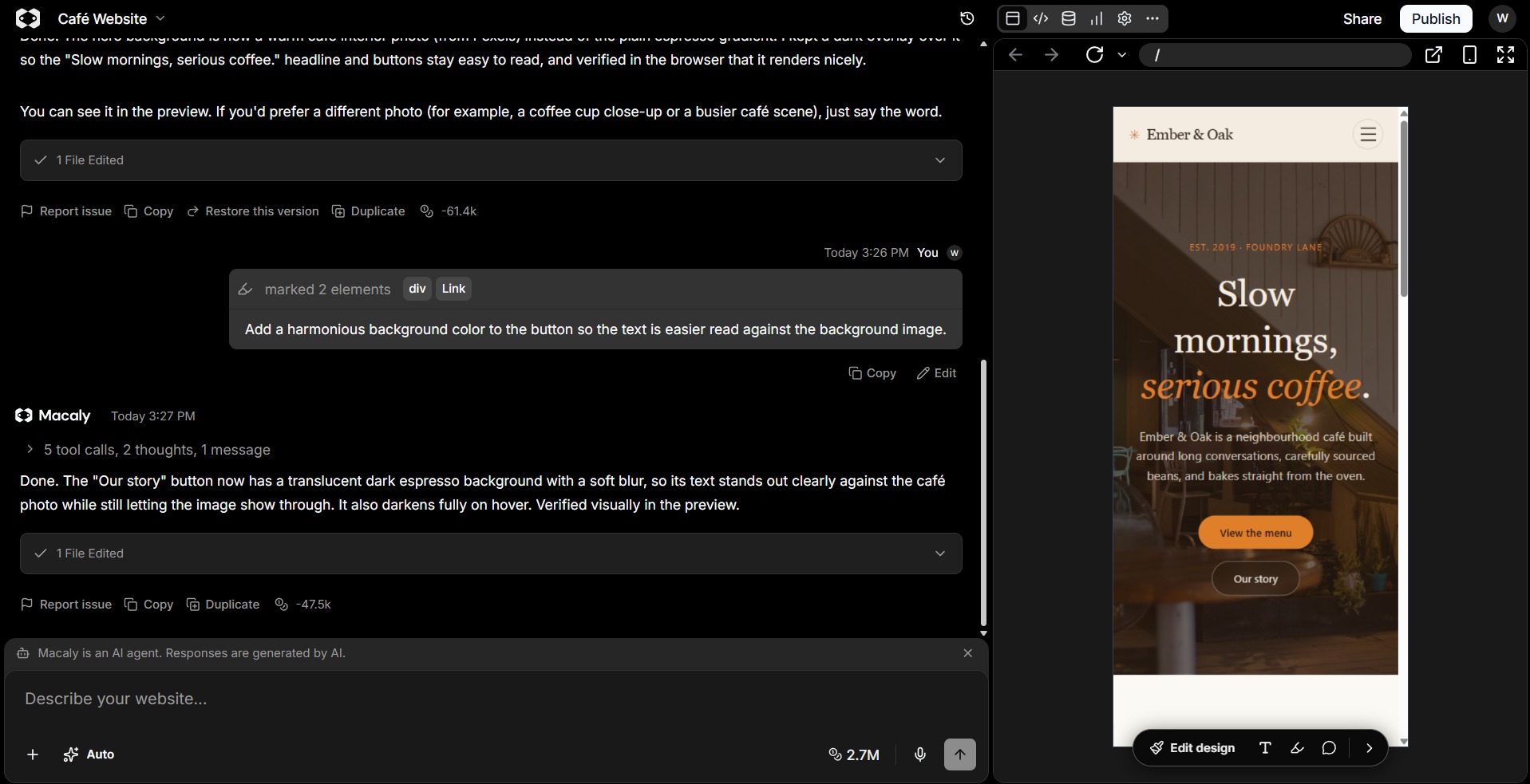 Macaly AI editor in mobile preview mode showing a phone-width layout.