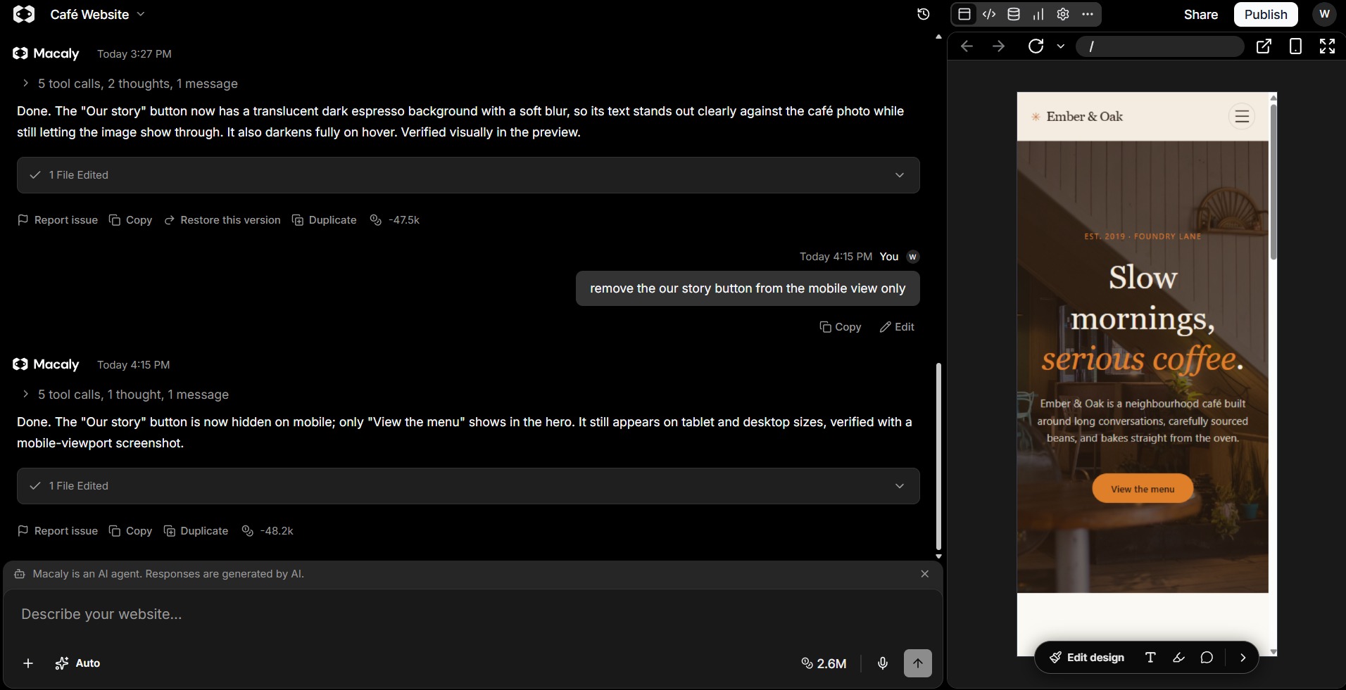 Macaly AI editor showing a prompt that targets a mobile-only button change.