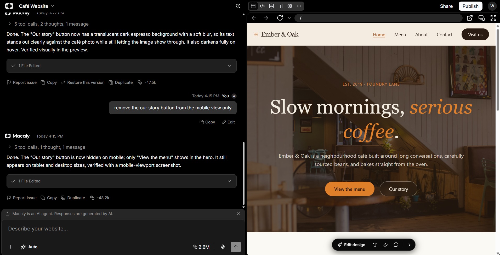 Desktop preview showing the original button remains unchanged after a mobile-targeted edit.