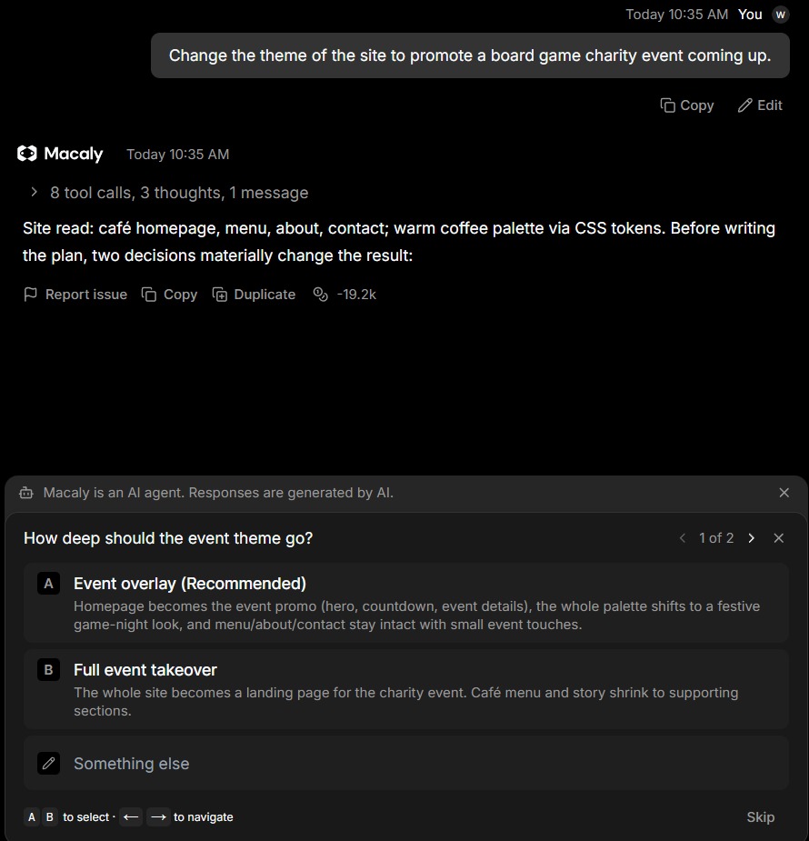 Macaly AI Plan mode asking a clarifying question and presenting selectable options.