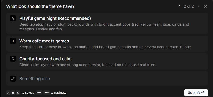 Macaly AI Plan mode asking a second clarifying question about the desired theme and style.