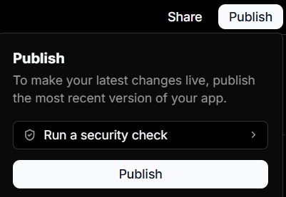 Publish panel showing the Run a security check option and Publish button.