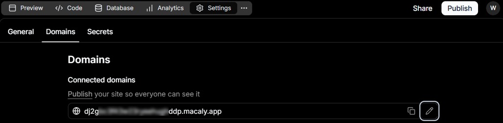 Settings and Domains showing the generated Macaly project URL and pencil edit icon.