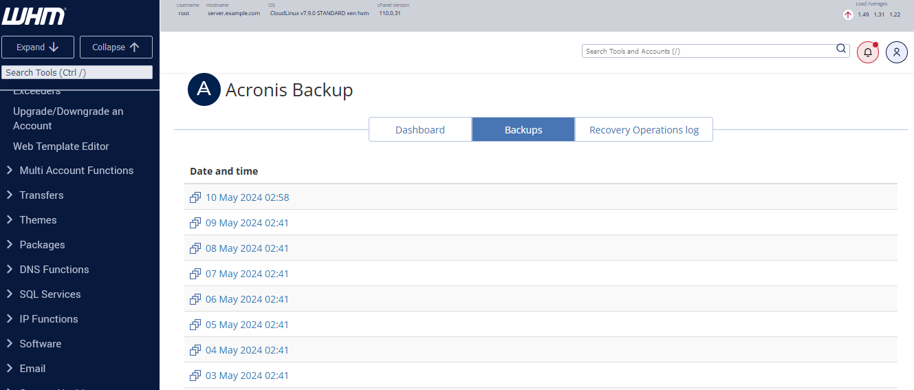WHM - Backups Tab in Acronis Plugin
