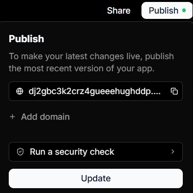 Published project panel showing the generated macaly.app address and Update button.
